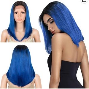 100% human hair. middle part blue wig 16 inch